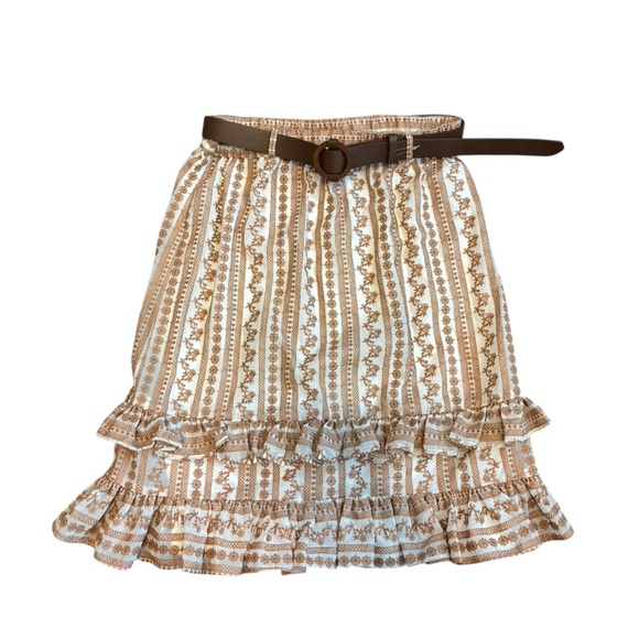 NWT Calvin Klein Ruffle Hem Skirt White and Brown Embroidered Belted Size Small - Picture 1 of 6